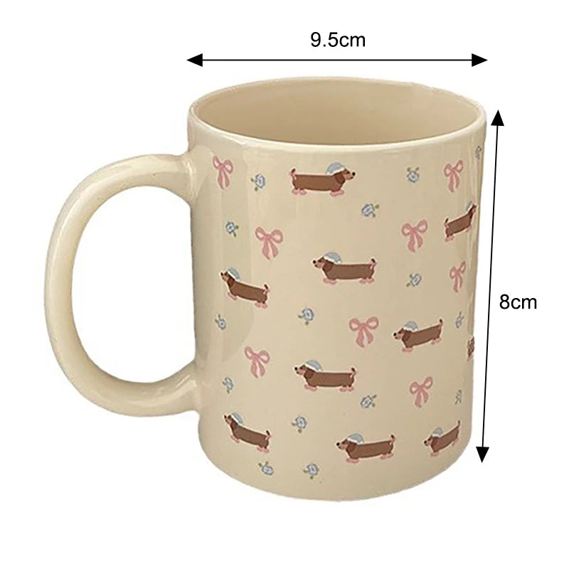 340ml Korean Style Cute Dachshund Pattern Ceramic Mug With Handle