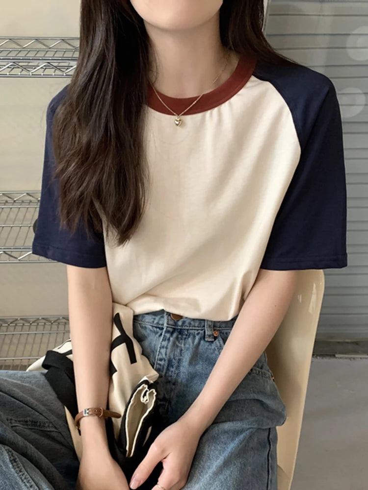 Summer Tops Women Tshirt Collar Short Sleeve Beige Blue Chic Y2k Fashion