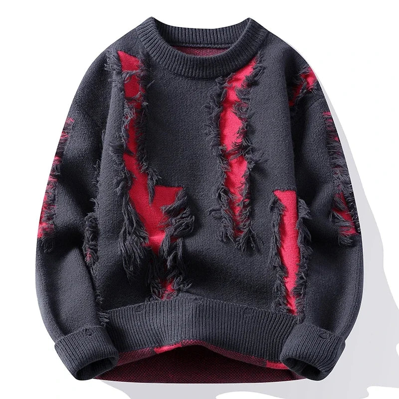 Men's Ripped Loose Knit Sweater Crew Neck Autumn Pullover