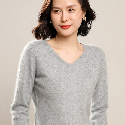 Sweater woman V-Neck Knitted Pullover Mink Cashmere Jumper Female  Soft Super Warm Sweater - xinnzy