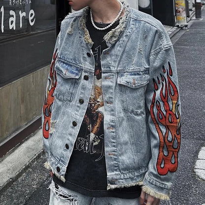 Men Ripped Flame Embroidered Denim Jacket