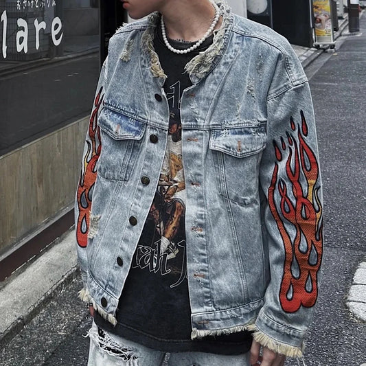 Men Ripped Flame Embroidered Denim Jacket