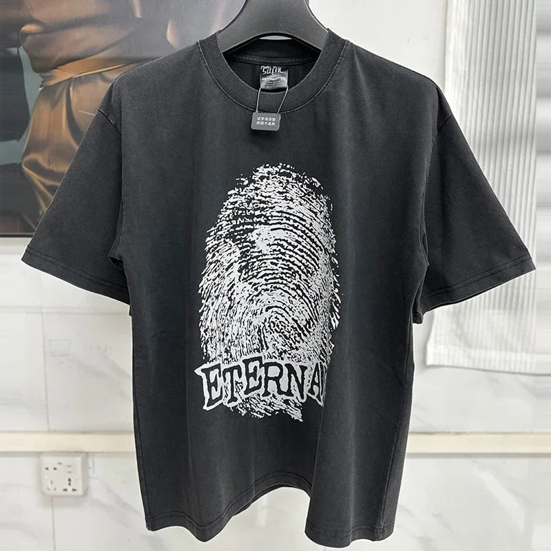 Vintage Washed Target Print T-Shirt Men Oversized Streetwear