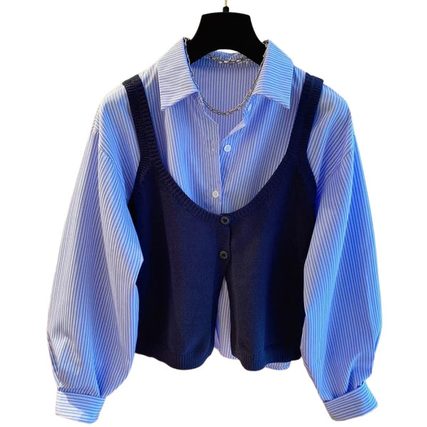 Womens Knit Vest Cardigan Striped Shirt Two Piece Set Autumn Outfit