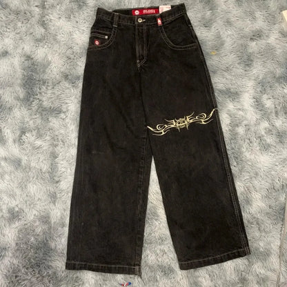 Y2K Hip Hop Retro Graphic Baggy Jeans Black Pants