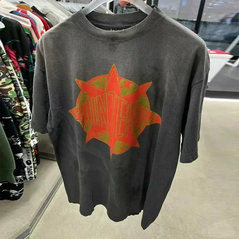 25SS Vintage Grey Saint T-Shirt Streetwear Character Logo Print Cotton