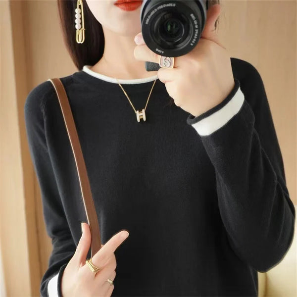 Womens Cotton Linen Sweater Color Block Crew Neck Lightweight Spring