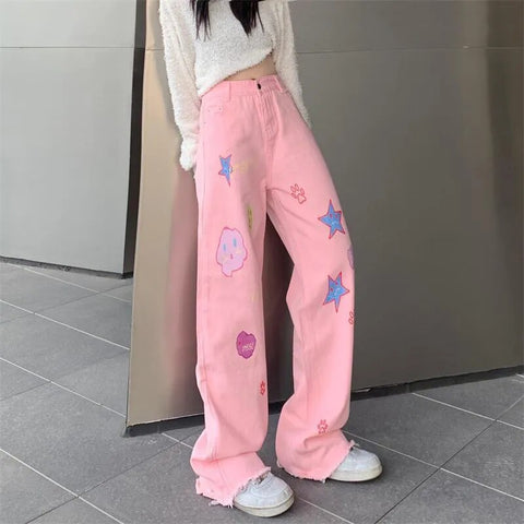 Japanisch inspirierte Cartoon-Jeans für Damen: Mode mit hoher Taille und weitem Bein, ideal für Frühling und Sommer