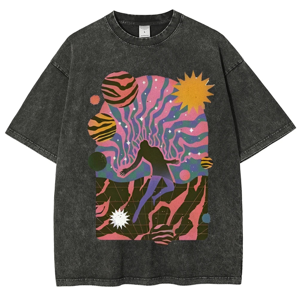 High-Quality Cartoon Abstract Print Men's T-shirt Water Wash Vintage Casual