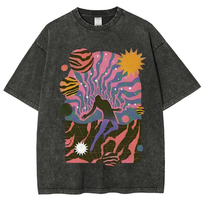 High-Quality Cartoon Abstract Print Men's T-shirt Water Wash Vintage Casual