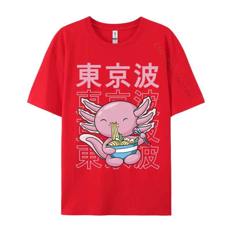 Kawaii Axolotl Eating Ramen Noodles T Shirt Autumn Hip hop