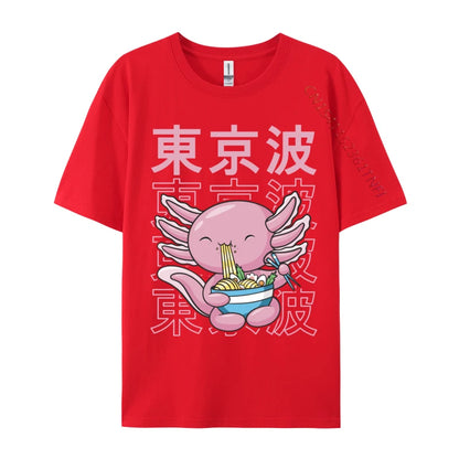Kawaii Axolotl Eating Ramen Noodles T Shirt Autumn Hip hop
