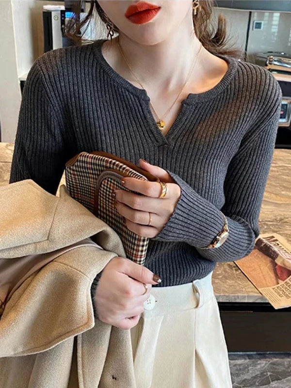 V Neck Sweater Women Knit Pullover Fall Winter Solid Color Top