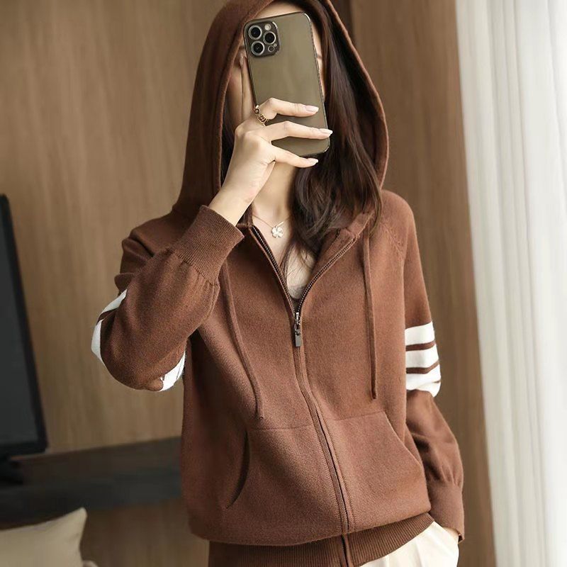 Women Hoodies Sweatshirts Loose Coat Tops Striped Zipper Knitted