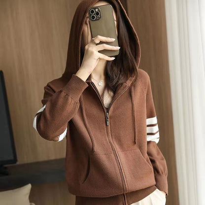 Women Hoodies Sweatshirts Loose Coat Tops Striped Zipper Knitted