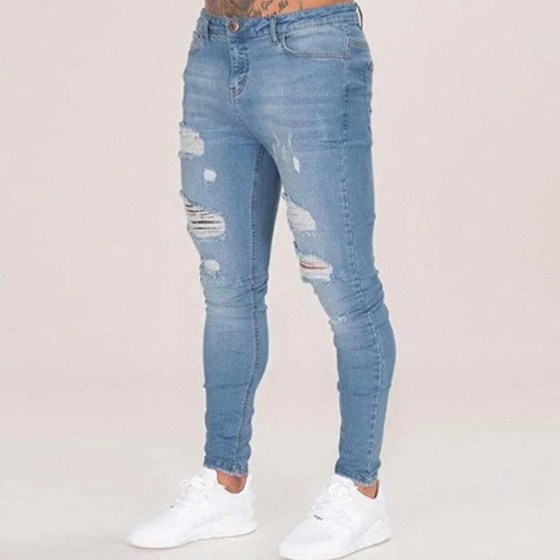Distressed Stretch Ripped Biker Jeans Men Hip Hop Slim Fit