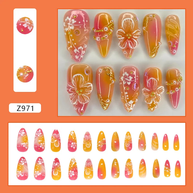 24pcs White Flower Fake Nail Tips Ins Yellow Pink Blush False Nails
