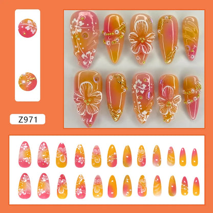 24pcs White Flower Fake Nail Tips Ins Yellow Pink Blush False Nails