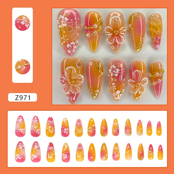 24pcs White Flower Fake Nail Tips Ins Yellow Pink Blush False Nails