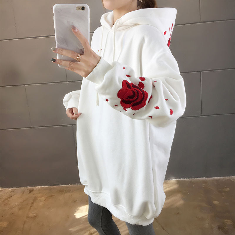 White Bird Anime Embroidery Hoodie Women Pullover Top Plus Size Loose Casual