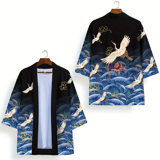 Animal Bird Patterns Crane Waves Asian Traditional Print Kimono Unisex