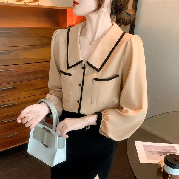 Womens Chiffon Blouse Long Sleeve Dressy Top Elegant Work Casual