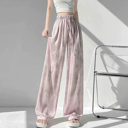 Satin Tie Dye Wideleg Pants Women Drawstring Draped Straight Pants