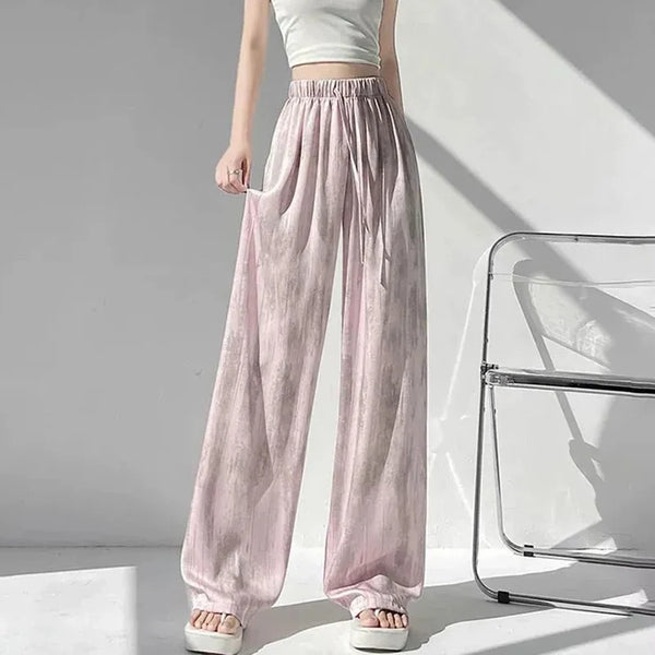 Satin Tie Dye Wideleg Pants Women Drawstring Draped Straight Pants