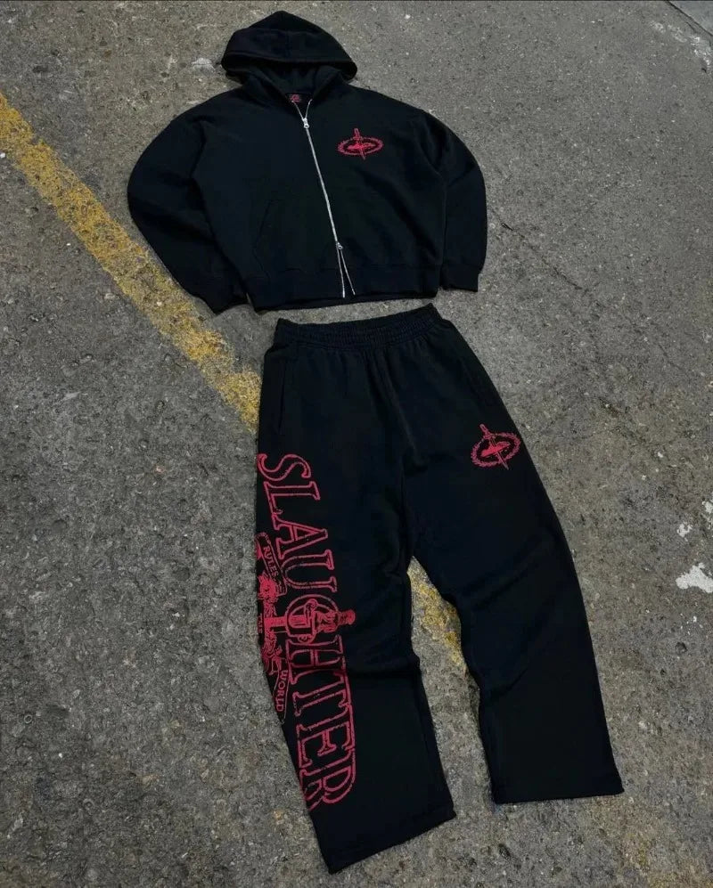 Trendy Gothic Letter Print Hoodie & Pants Set Y2K Streetwear Style