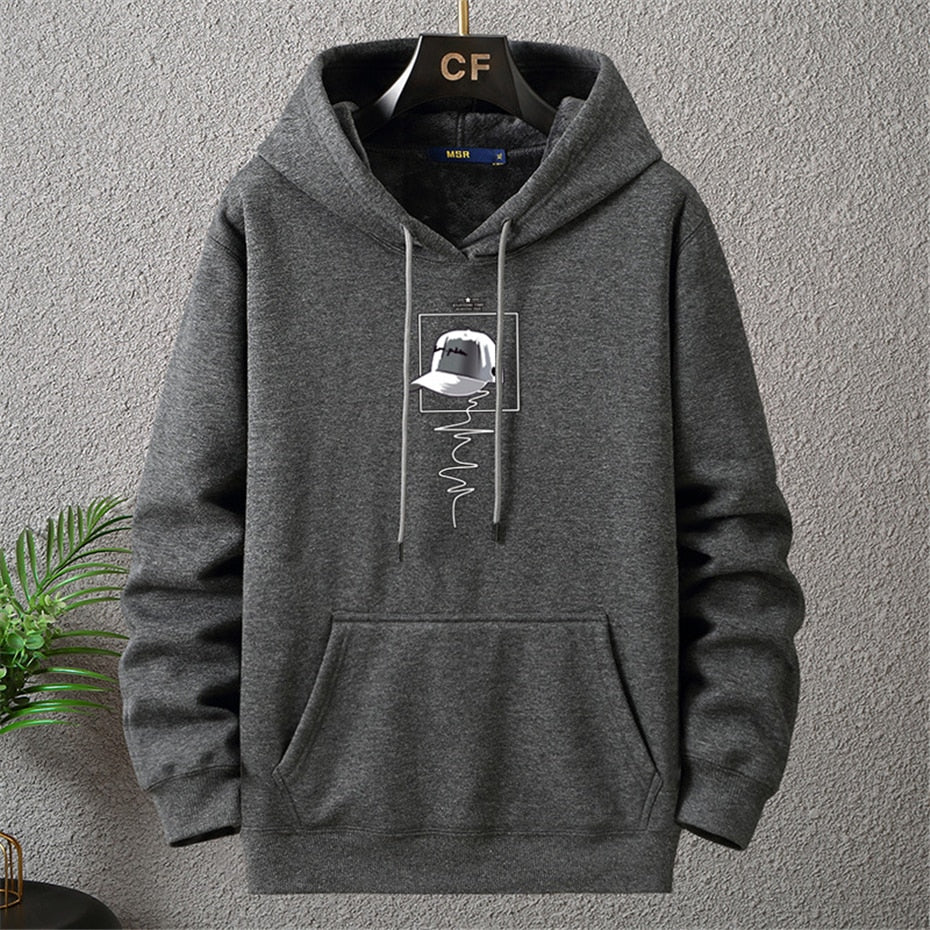 Autumn Winter Thick Fleece Hoodie Men Print Hooded Pullover Big Size Loose Hoodies Blue - xinnzy