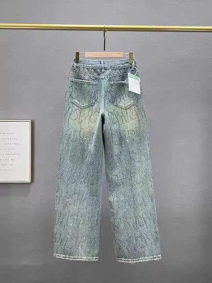 Y2K Rhinestone High Waisted Wide Leg Denim Pants