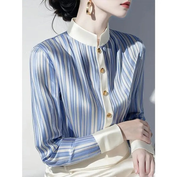 Womens Chiffon Cardigan Gray Stripe Button Front Long Sleeve Top