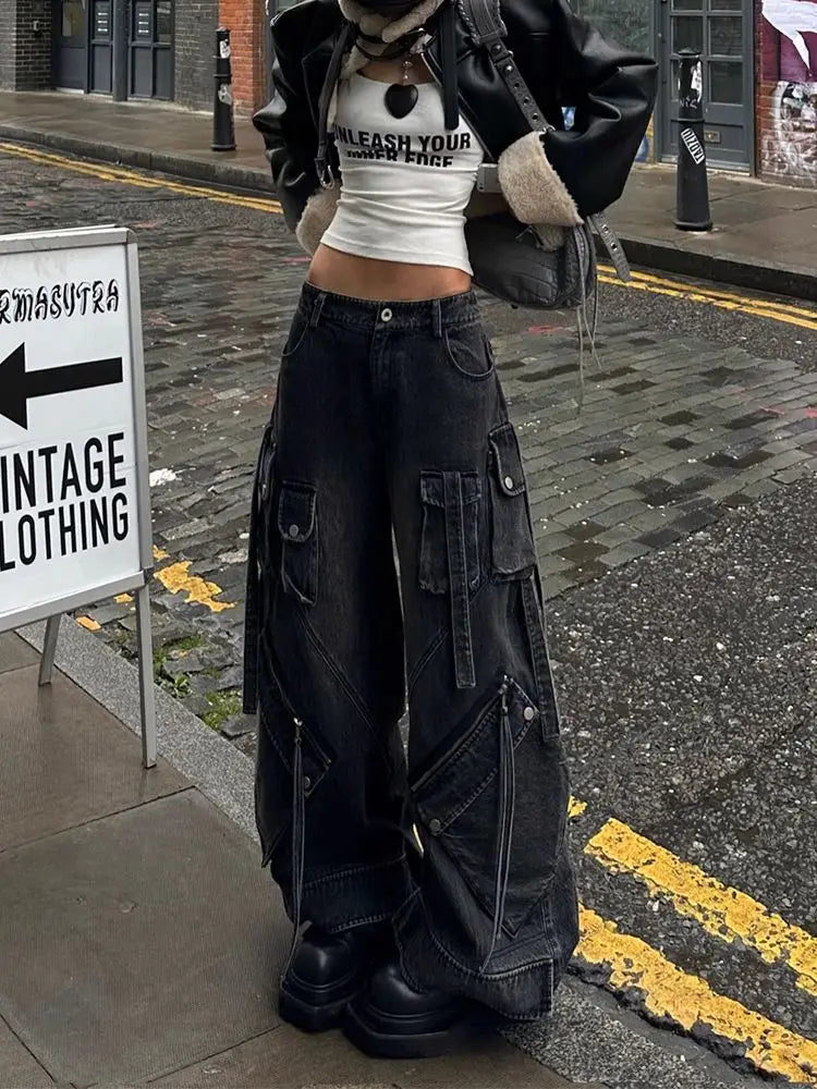 Y2K Lace Up High Waisted Wide Leg Denim Jeans