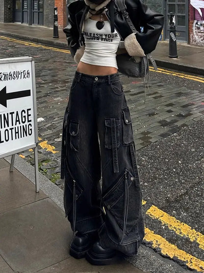 Y2K Lace Up High Waisted Wide Leg Denim Jeans