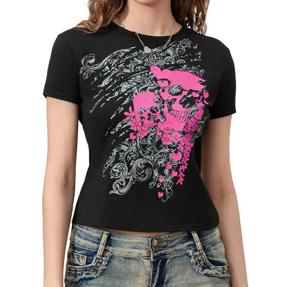 Y2K Skull Print T-Shirt Women’s Slim Fit Summer Streetwear Club Top