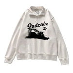 Cartoon Cat Zipper Pullover Women's Long Sleeve, Japanese Streetwear Top for Autumn