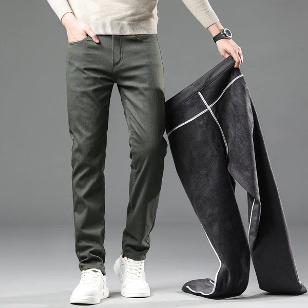 Mens Thick Fleece Lined Pants Slim Fit Winter Warm Business Casual