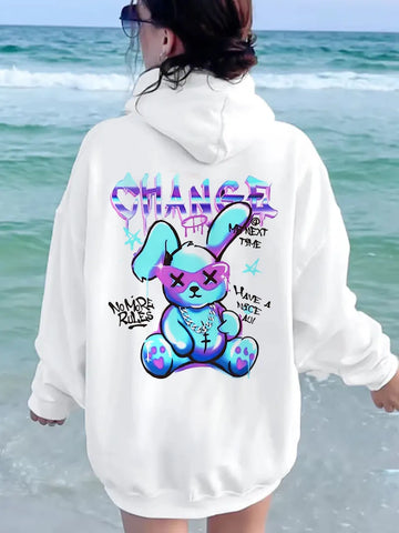 Blue Rabbit Letter Print Y2K Women Casual Hoodie