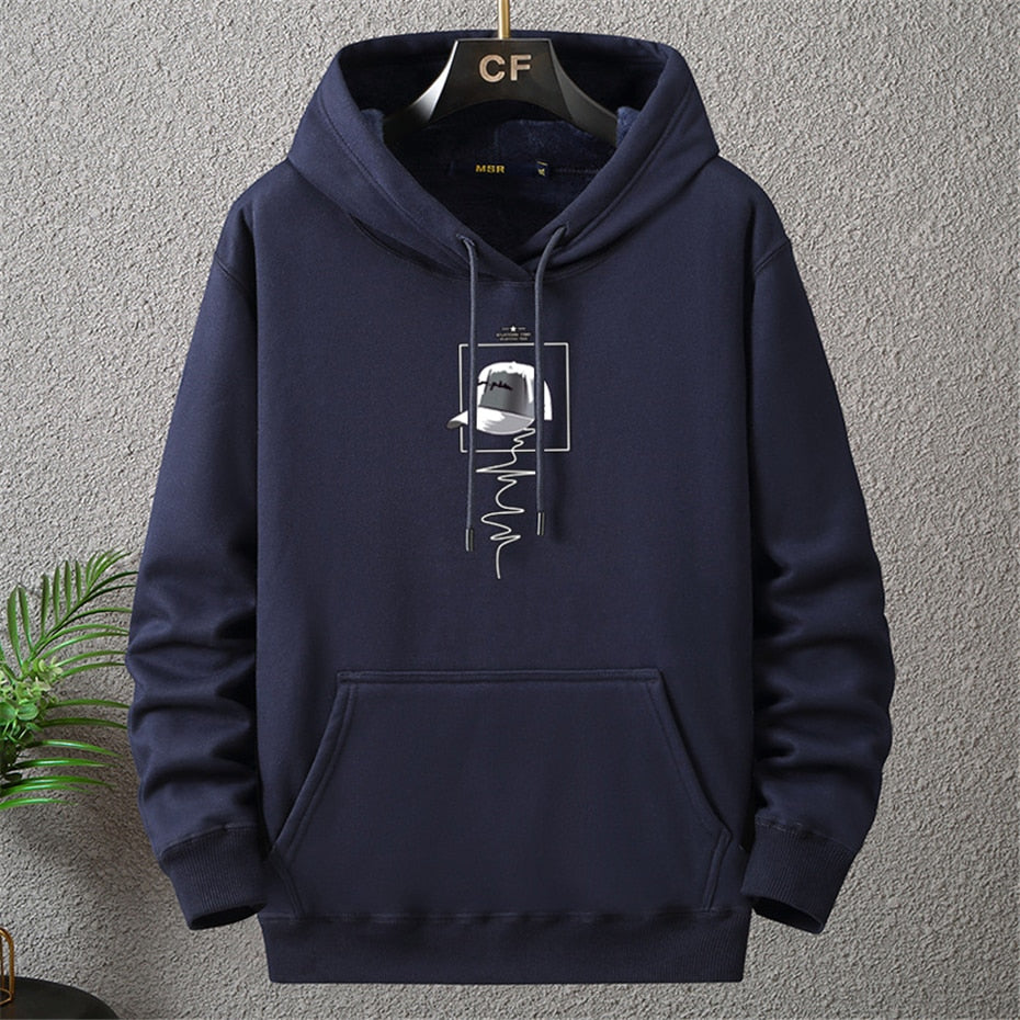 Autumn Winter Thick Fleece Hoodie Men Print Hooded Pullover Big Size Loose Hoodies Blue - xinnzy