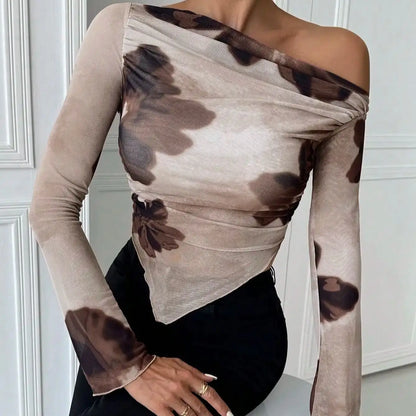 Women's Retro Digital Print Off-Shoulder Blouse Elegant Irregular Tee