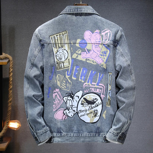 Loose Fit Cartoon Denim Jacket Men’s 2024 Retro Street Fashion