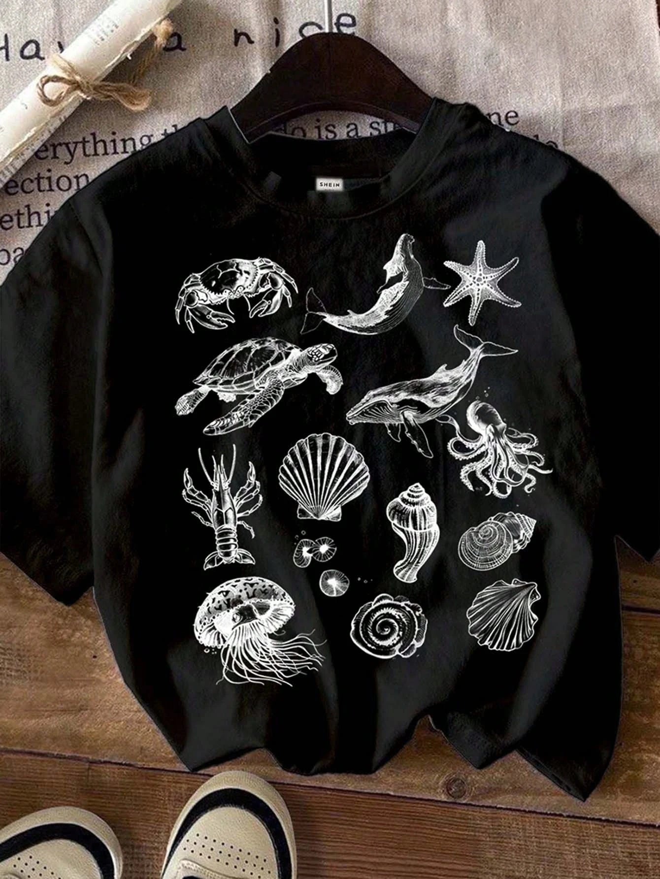 Casual simple cartoon marine life print T-shirt versatile short-sleeved