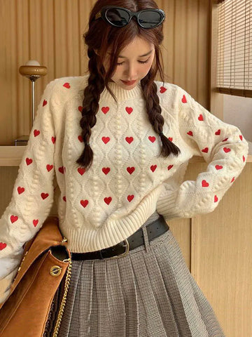 Ladies Chic O Neck Sweater with Heart Embroidery