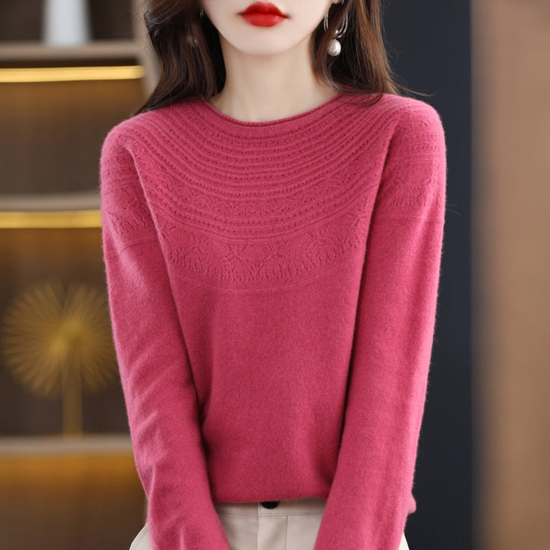 Autumn Winter New Seamless One-Line Pullover WooL Round S Neck UpperBody Hollow - xinnzy