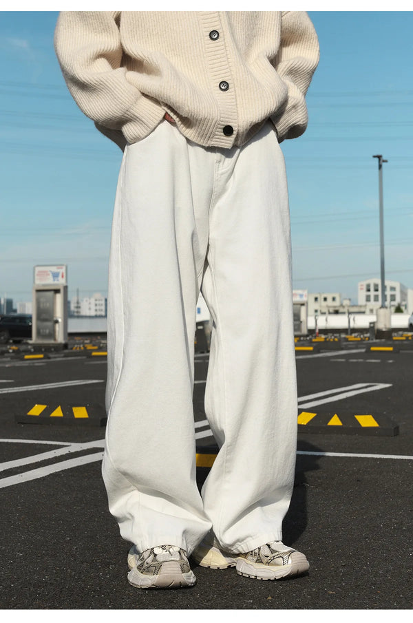 Mens Wide Leg Jeans Distressed Vintage Wash Baggy Denim Straight Fit