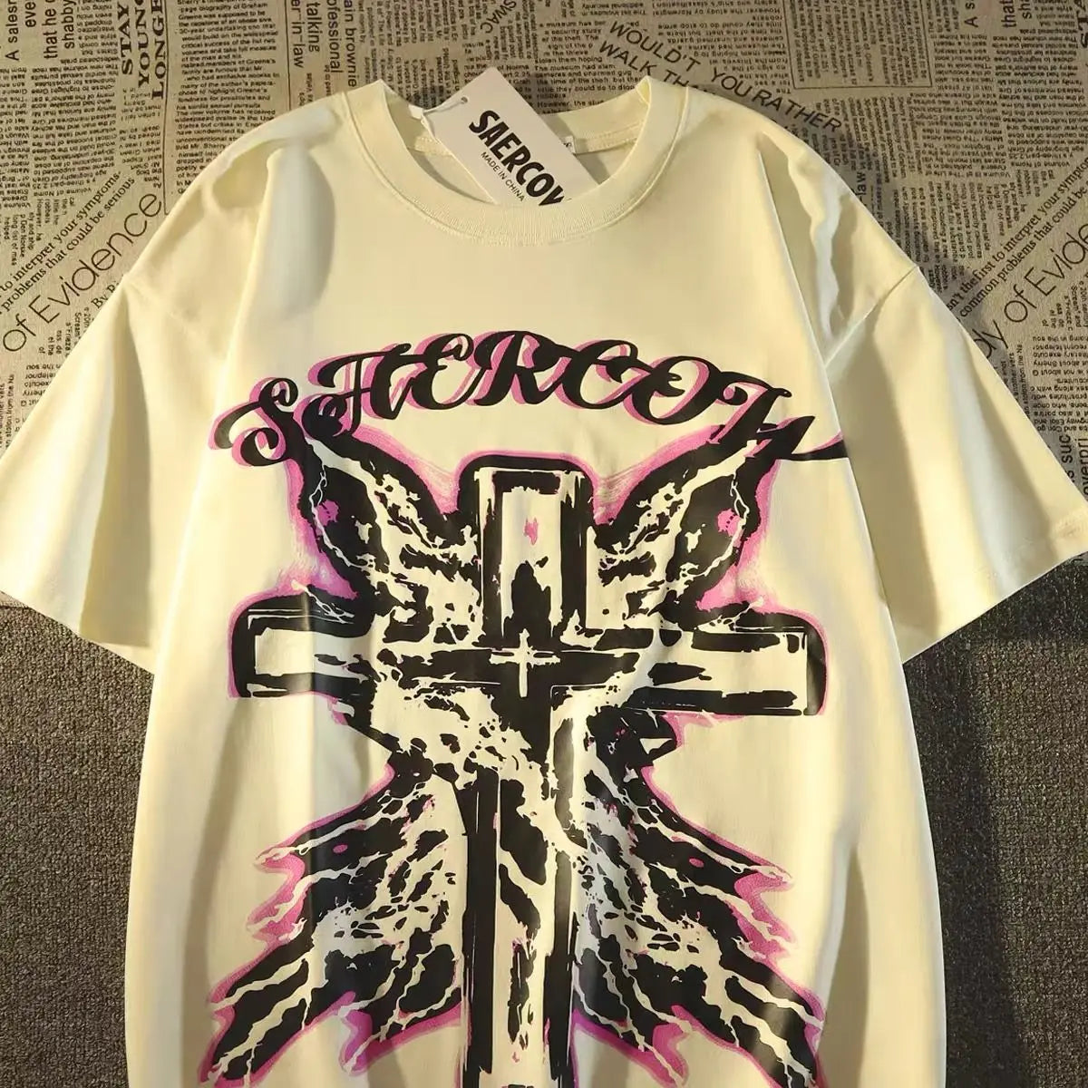 Abstract Cross and Wings T-Shirt Men Religious Graphic Streetwear