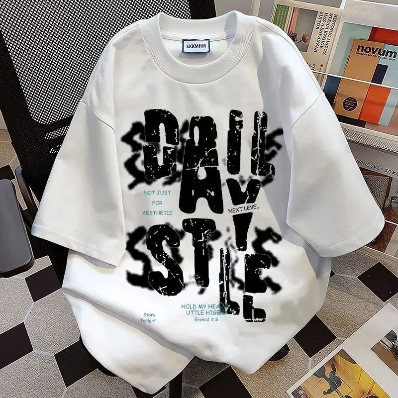 Retro Letter Print T-Shirt Men Hip Hop Loose Casual Streetwear