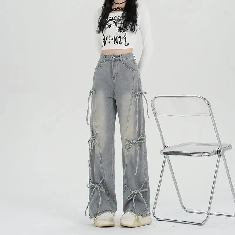 Women's Y2K Lace-Up High Waist Baggy Jeans