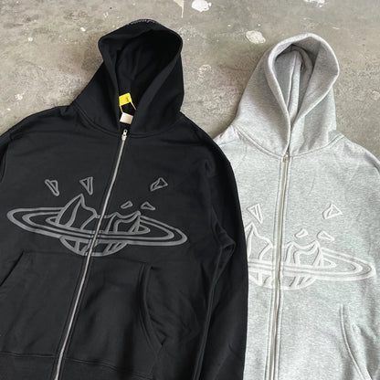 Men’s Oversized Fleece Jacket Yao Broken Brand Streetwear Zip Up