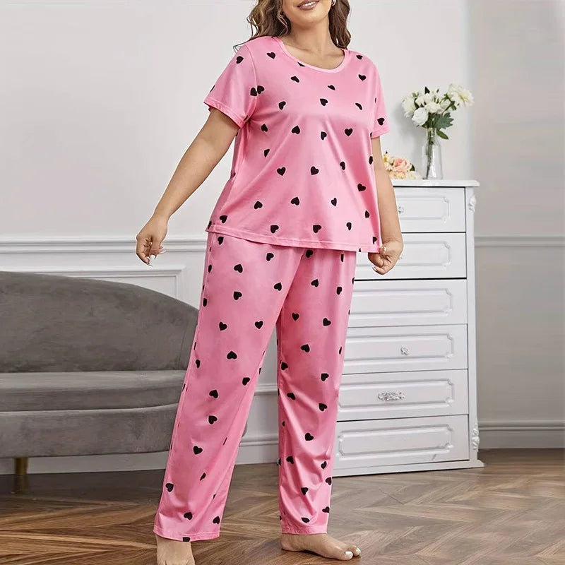Plus Size Pajama Set Women Love Heart Print Sleepwear